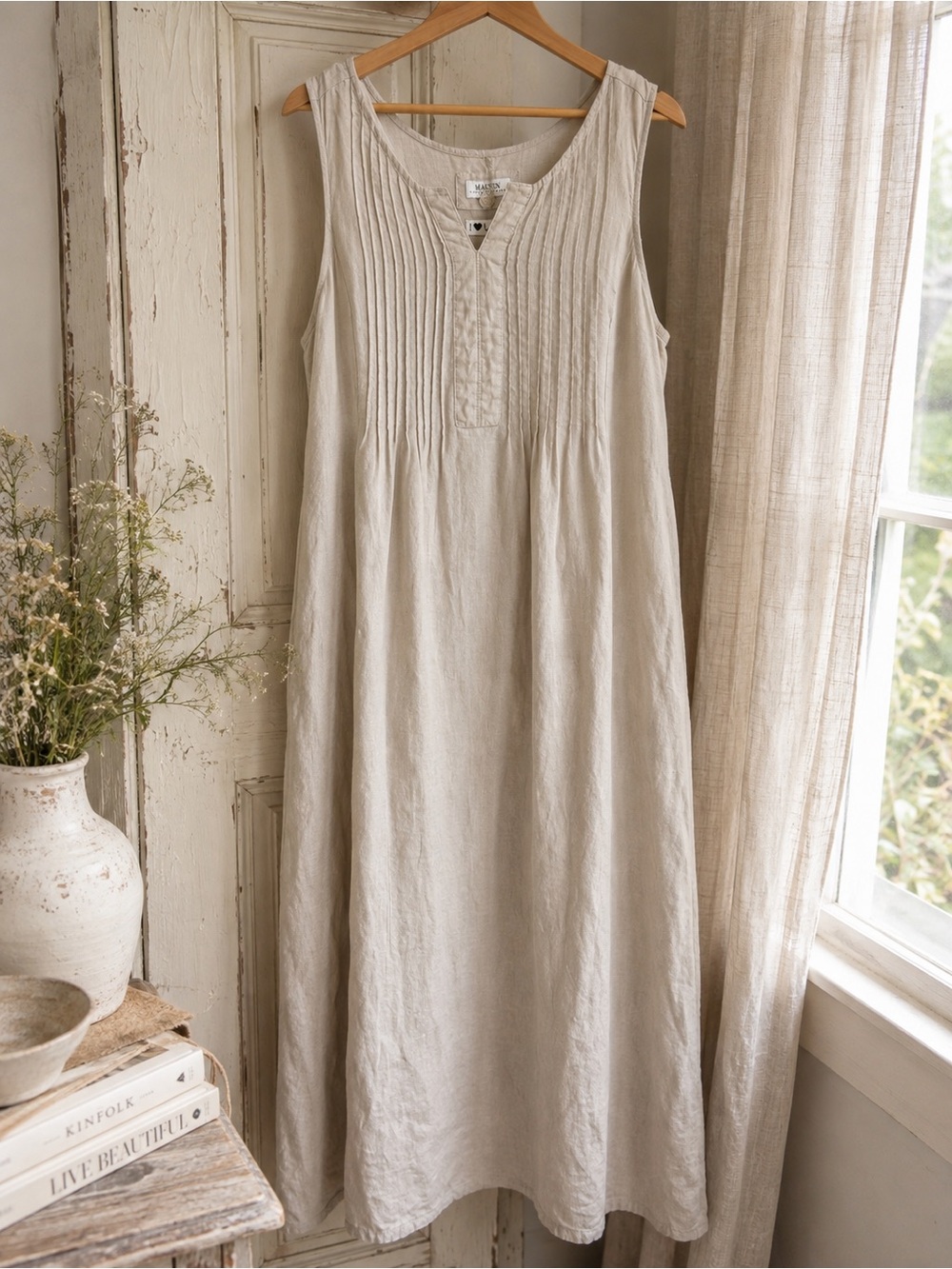 Malvin Linen Maxi Dress L Beige Pintuck Sleeveless A-Line